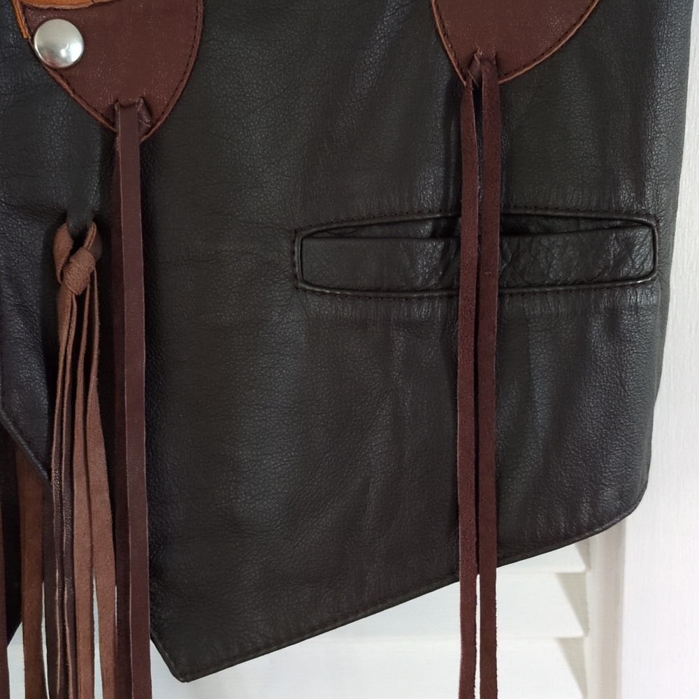 Vintage Mexican Leather Vest w/Fringe & Feather Applique. Sz M. Brown - Picture 6 of 11